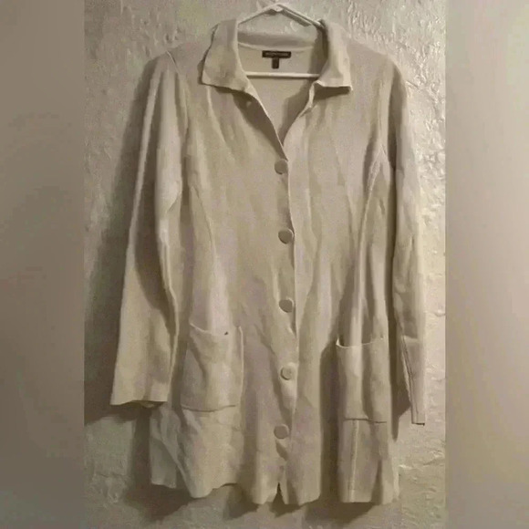 EILEEN FISHER Cream Silk and Organic CottonKnit Sweater Shacket Lagenlook; M - Picture 1 of 8